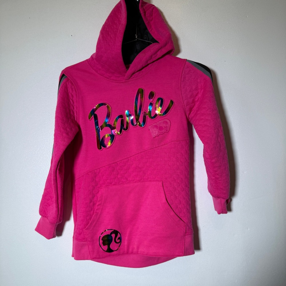 Barbie Pullover Hoodie Girls M 8 Pink Quilted Metallic Logo Sporty‎ Sweatshirt